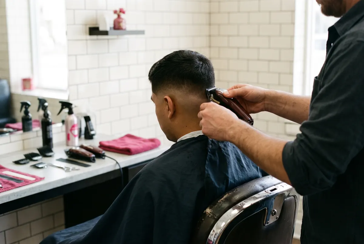 A barber doing a skin fade with clippers, combs and clippers laid out on the counter