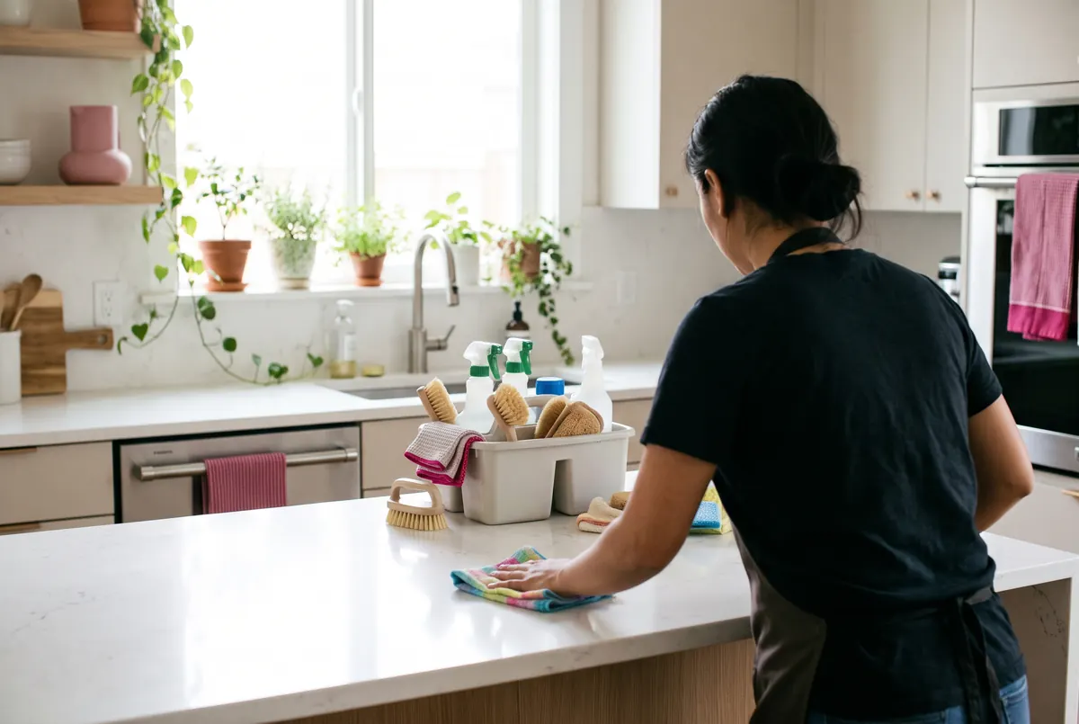 A house cleaner wiping a kitchen counter, a caddy of cleaning supplies beside her