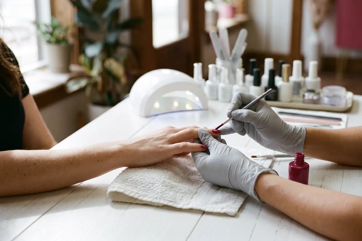A nail technician in gloves painting a client’s nails a deep raspberry color