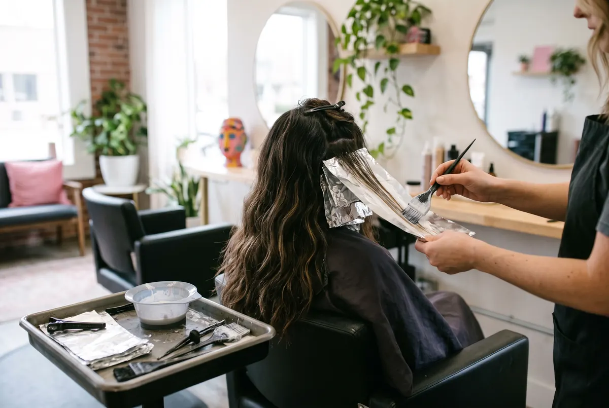 A stylist painting balayage color onto a client’s hair with a brush and foil