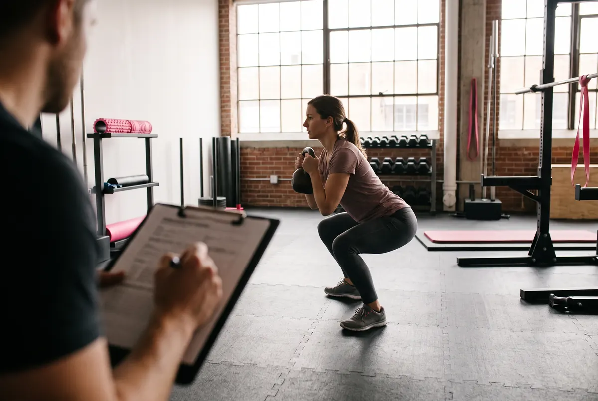 A client doing a kettlebell squat in a small gym while her trainer takes notes